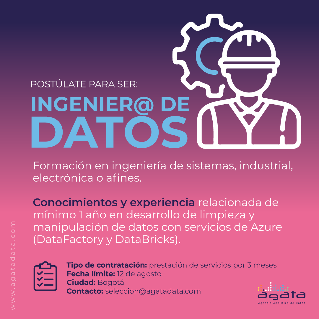 agatadata's tweet photo. En Ágata estamos en busca de un Ingenier@ de datos para ser parte de la cultura inteligente y transformación digital por medio de datos.
#welivedata
#TrabajoSiHay
#TrabajaConNosotros https://t.co/RasK6L3VQE
