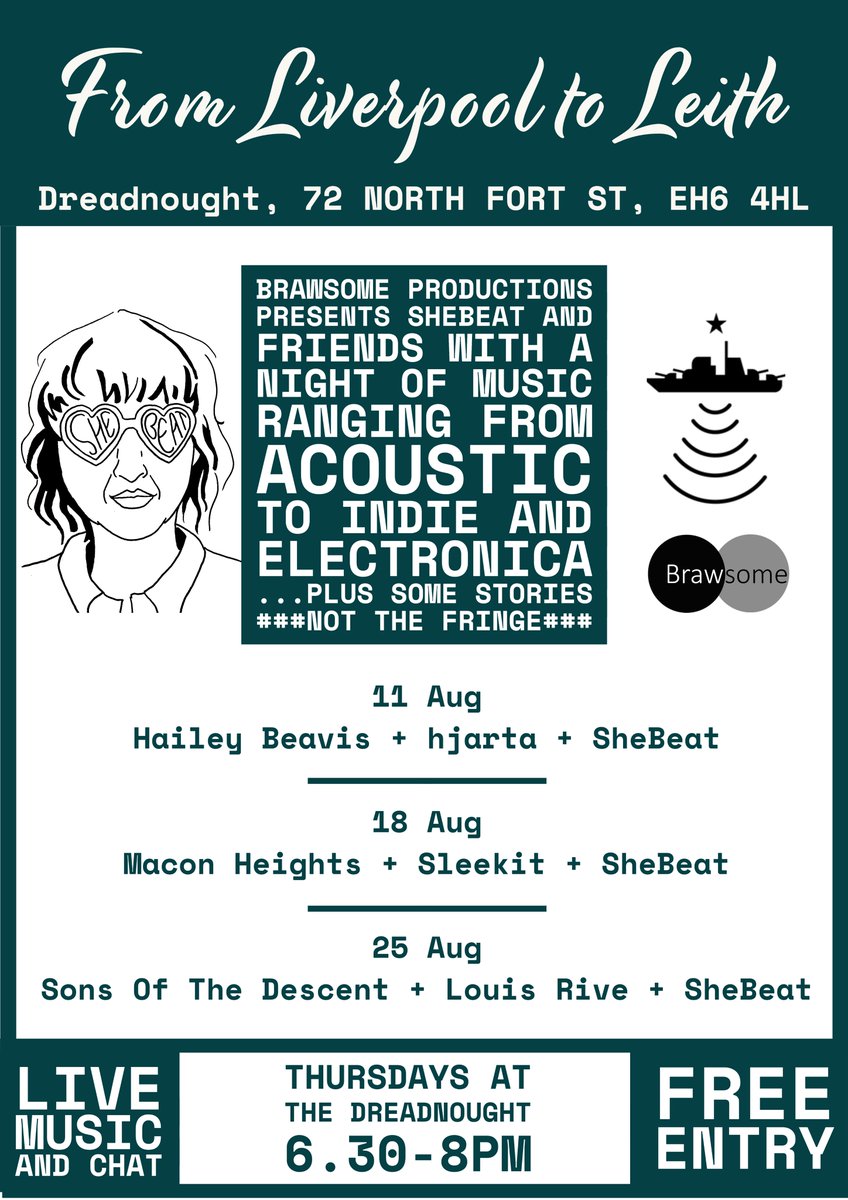 SheBeatMusic's tweet image. Twitter I'm excited! For the next 3 Thursdays I'm hosting a show with live music and stories @DreadnoughtPub with special guests ✨🎶🙌 #whatsonleith #notthefringe #supportlocalmusic #leith #edinburgh