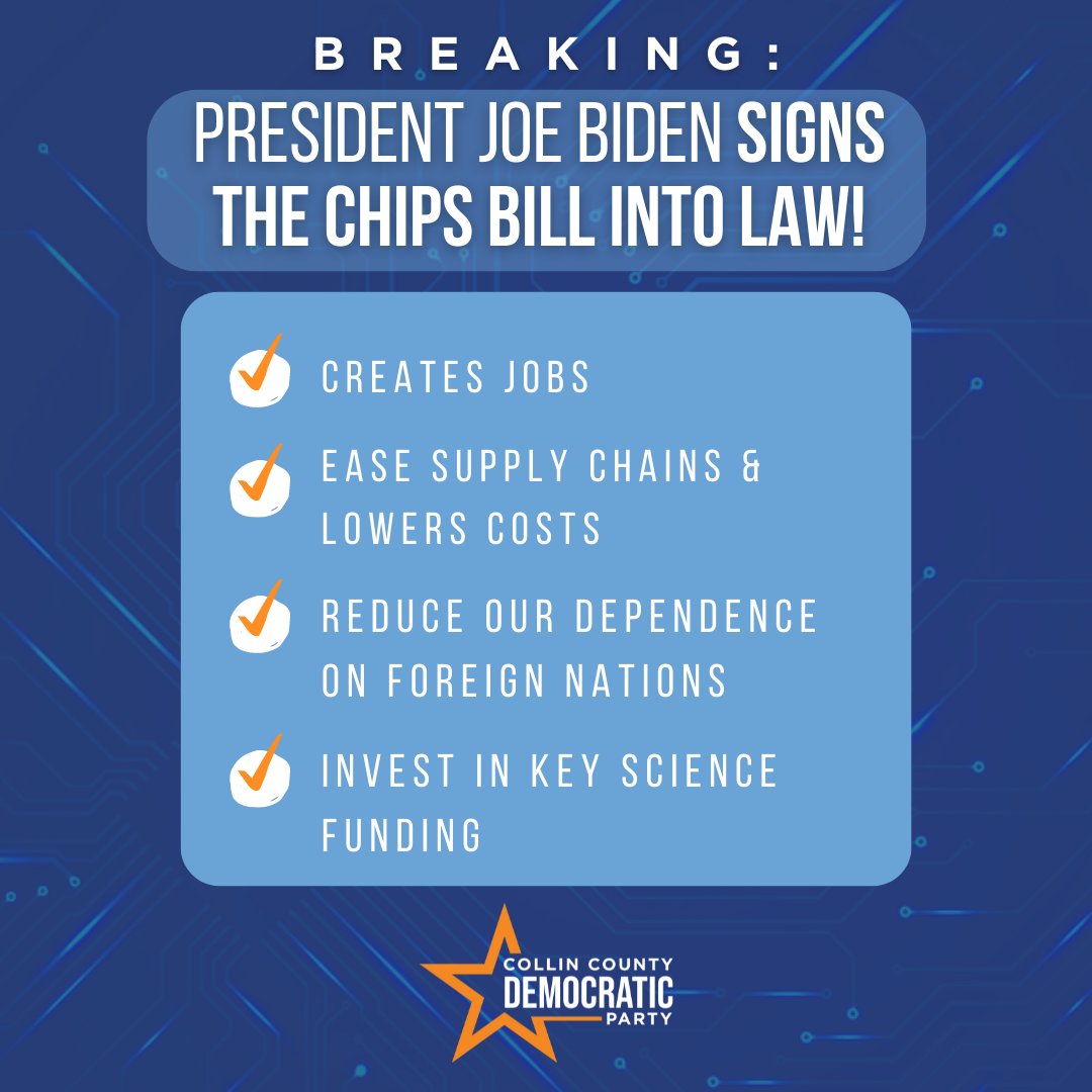 CollinDemocrat's tweet photo. BREAKING: After years of work, it is now LAW! CHIPS is a major delivery by congress to help secure lower prices on electronics & improve our national security.
#DemsGetItDone #VoteBlue #BidenWin #WhatBidenHasDone #Technology #GOTV #AbortGOP #CollinBlue #CollinBlue22 #TurnTXBlue https://t.co/CBZolpsedW