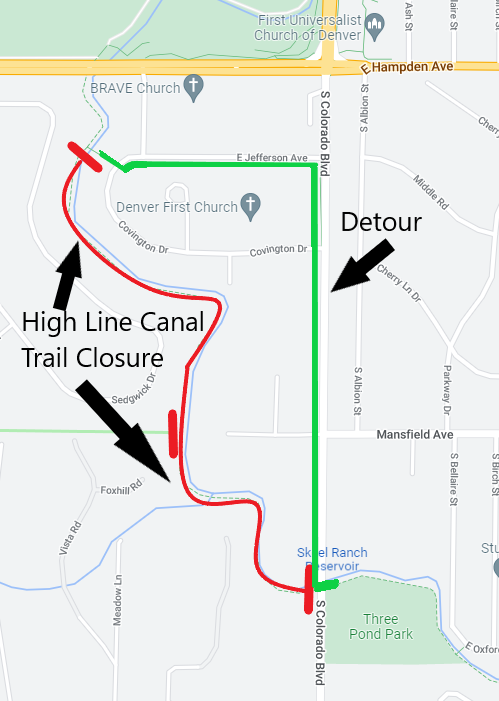 COHighLineCanal's tweet photo. #TrailUpdate: TODAY, Aug. 9 until 5 p.m., the #HighLineCanal trail will be closed between Colorado Blvd. and Covington Dr. for hazard tree work. Please respect all signs and follow the short detour to connect back to the trail. https://t.co/xTsVp6QvGt