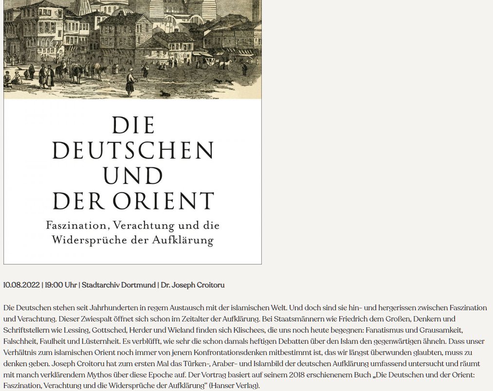 JoCroitoru's tweet photo. Freue mich, morgen, 10.8., 19 Uhr, bei den Kulturbetrieben / Stadtarchiv #Dortmund über 
"Das Islambild der deutschen Aufklärung zwischen Faszination und Verachtung" zu referieren 
(Mein Buch dazu https://t.co/OMrb5X1o55)
https://t.co/wpjn4H23e1
#Aufklärung #Islam #Türken #Araber https://t.co/dGIPHsFYwQ