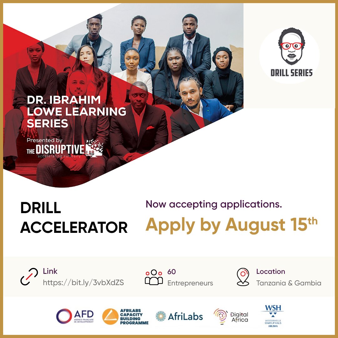 disruptive_lab's tweet image. Have you applied for the DRILL Accelerator program yet? Applications are still open.

For full details on how to apply visit: hubs.ly/Q01jBvvV0

#drillseriesgm #disruptivelab #innovation #tech #gambia
