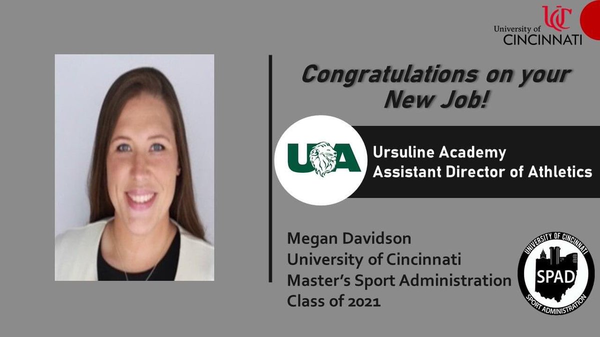 Congrats to <a href="/MeganD_3/">Megan</a> on her new position as Assistant Director of Athletics with Ursuline Academy <a href="/UrsulineLions/">Ursuline Academy</a> ! Our <a href="/UC_SPAD/">UC SPAD Program</a> Bearcats make a positive impact everywhere they go!! 
#BeTheChange  #FemaleEmpowerment 
#cradleofathleticdirectors