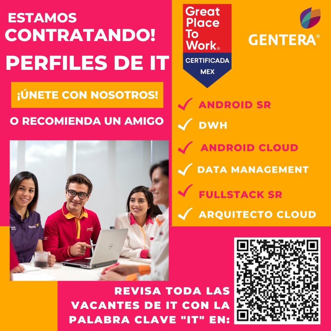 ilcontreras1's tweet photo. Hola hola comunidad de IT, ¡Seguimos #contratando #perfilesIT! ¿Conocen a alguien con los siguientes perfiles?: ¿Te gustaría ser colaborador interno de @gentera? Entra a nuestra bolsa de trabajo #Gentera e ingresa como palabra clave "IT" para ver todo el catalogo de posiciones. https://t.co/Ng938IdVhA