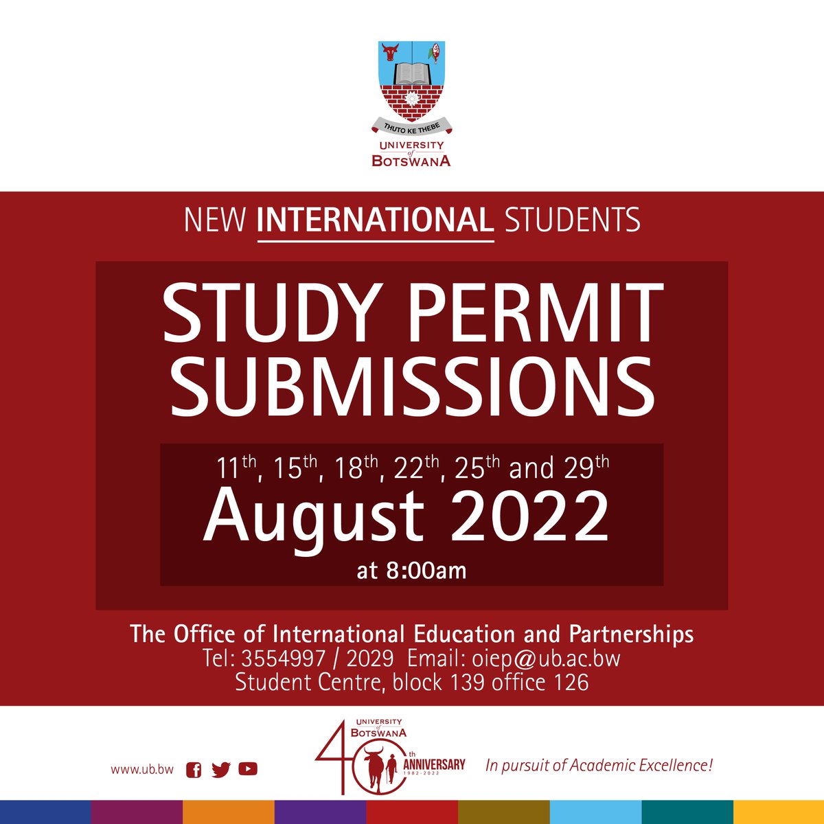 UBBotswana's tweet photo. #NewInternationalStudents #StudyPermitSubmissions
Kindly note the following dates for chaperoning new full-degree international students’ to immigration for study permit submissions 👇 https://t.co/5n56bTH6Ju