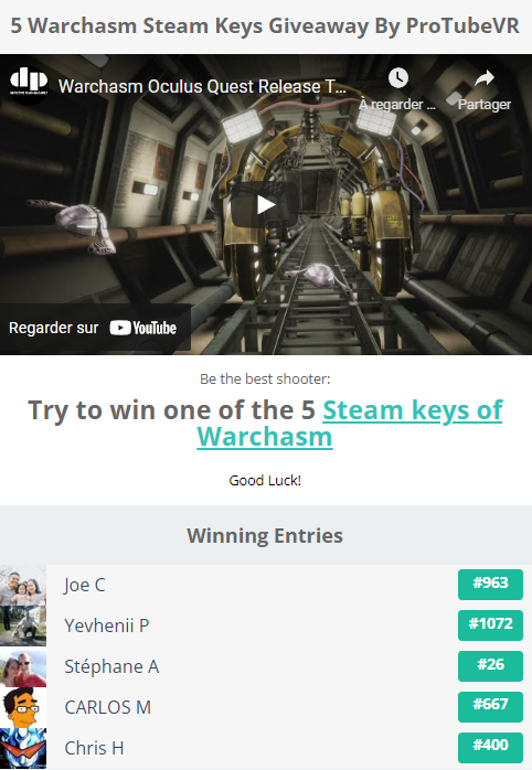 ProTubeVR's tweet photo. Congratulations to our 5 winners of the #Warchasm SteamVR keys!

Thank you @DefPenguin for providing those keys and such a great integration 👏

Enjoy! https://t.co/3mvegnbyhV