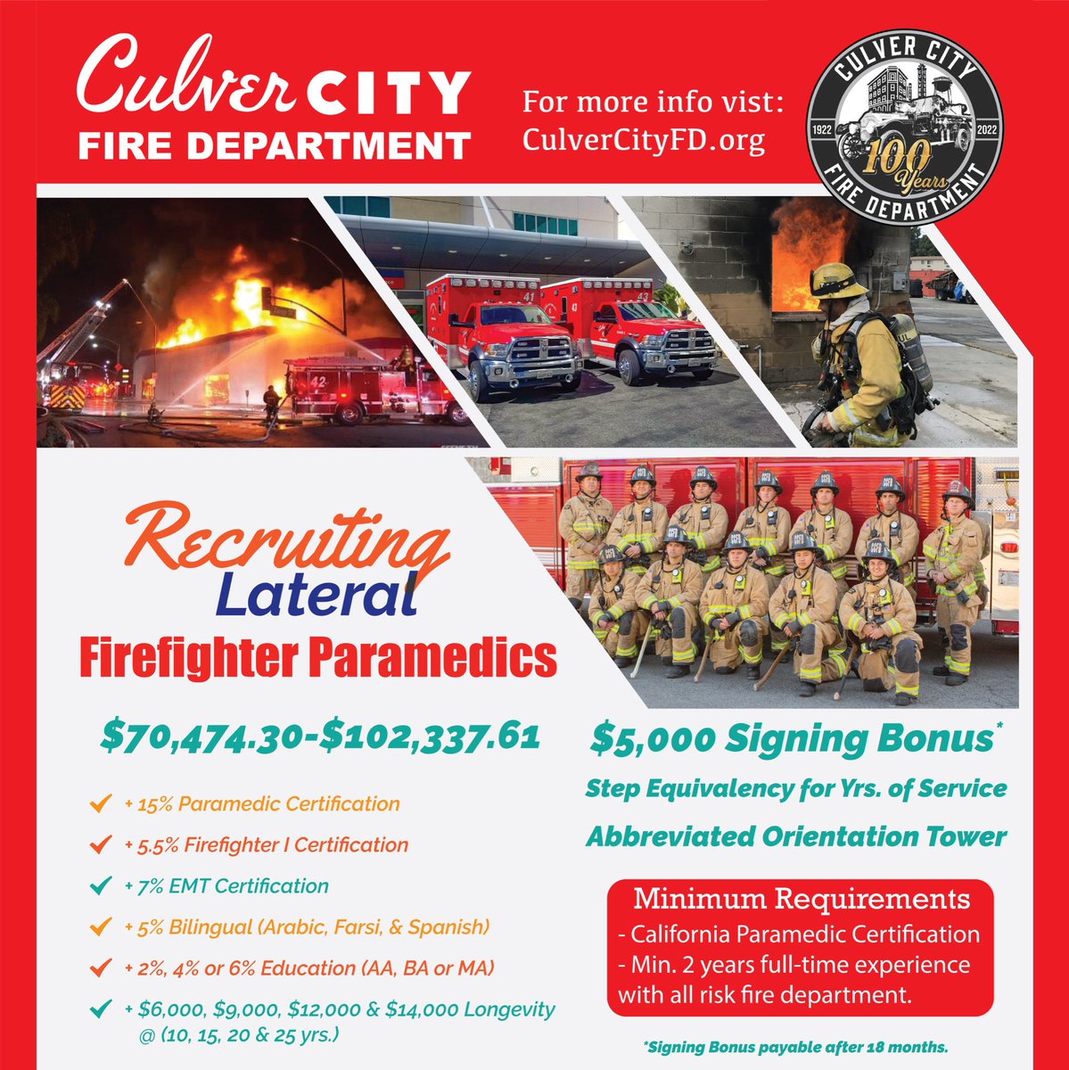 Now Hiring Lateral Firefighter Paramedics!  Apply now at CulverCity.org/Jobs 

#FireCareers #FirefighterJobs