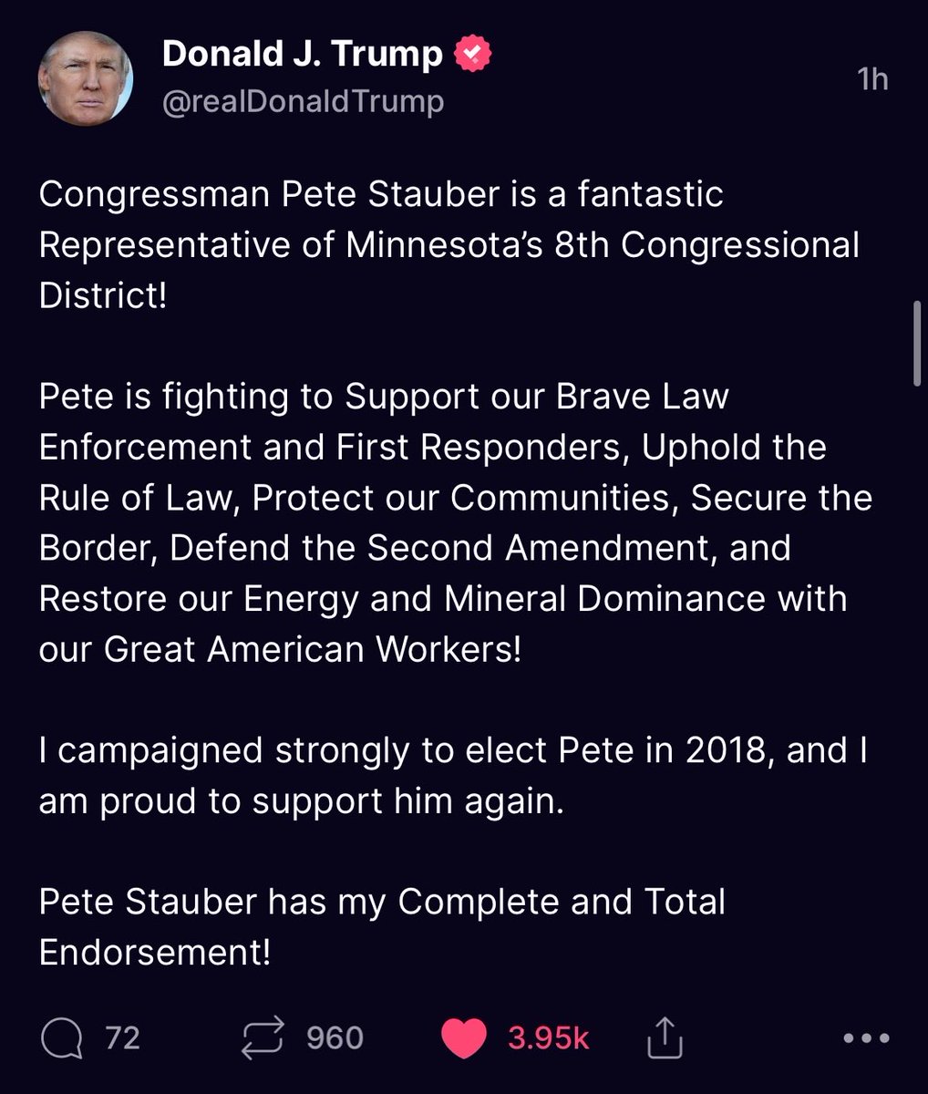 PeteStauber's tweet photo. Pleased to once again receive President Trump’s endorsement. I especially appreciate his focus when just hours ago he suffered the weaponized politicization of the FBI raiding his private home. President Trump and I are focused on the issues that matter to the American people!! https://t.co/lrEaFoYYTT