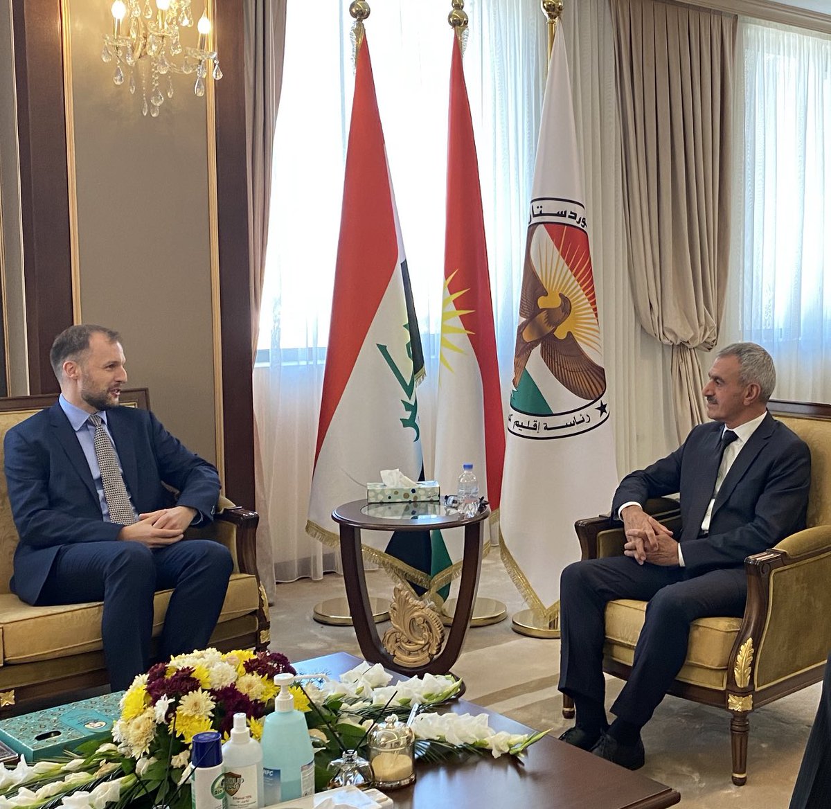 MustafaSaidQadr's tweet photo. Productive meeting with a delegation from the UK consulate in Erbil, headed by @jamie6, Deputy Consul General. We discussed the current political situation in Iraq and KRI, emphasising the recent presidential committee’s work on the upcoming KRI elections. https://t.co/kL9VenvGFS