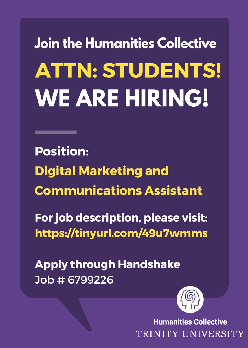 HumanitiesTU's tweet photo. We are searching for a student worker to begin this fall & continue through spring semester. Help us promote humanities scholarship, events, & opportunities for and to faculty + students. We'll be in the new Dicke Hall!
More info: https://t.co/MfaXAXRUom
Join #TheHumOfTrinity! https://t.co/yxPUoTw230