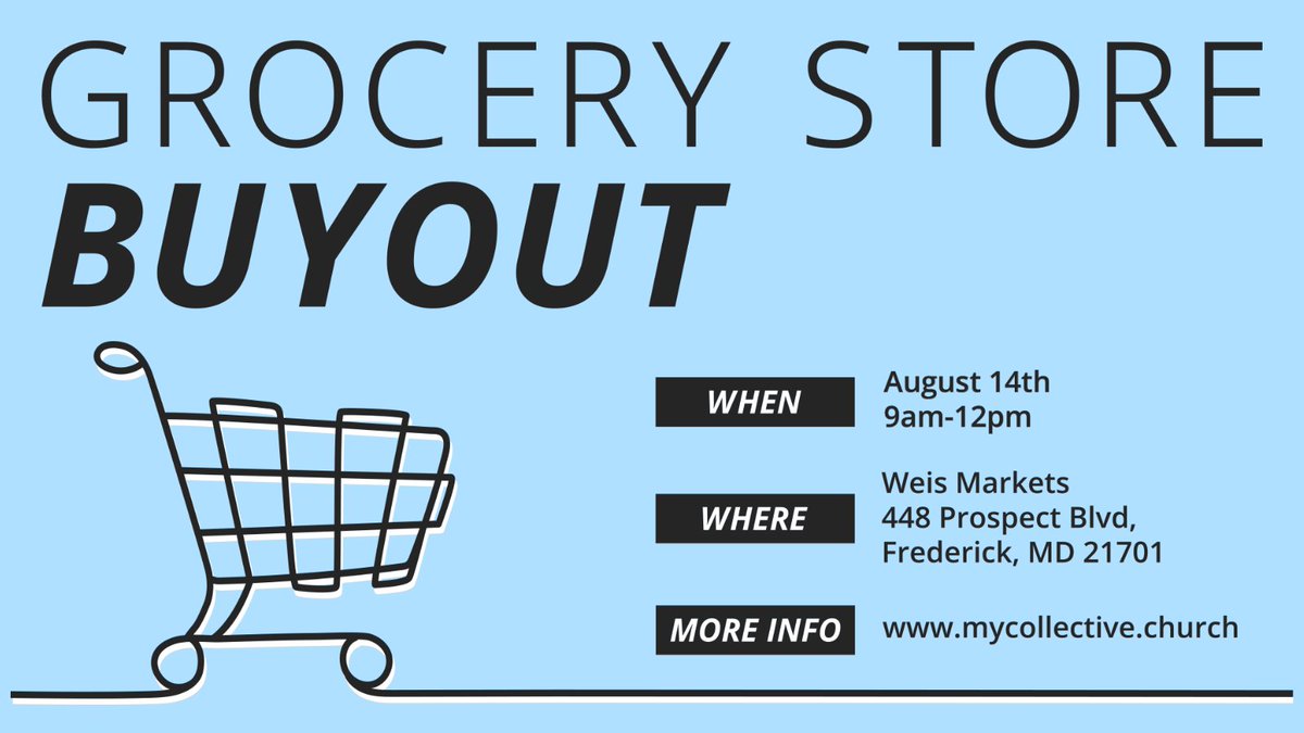 Mark your calendars! The Collective Church’s Grocery Store Buyout event is Sunday, August 14, from 9am-12pm. Food collected at the event will benefit our chapter, the Frederick Rescue Mission, &amp; Housing and Human Services. Learn how to get involved: mycollective.church/gsb.