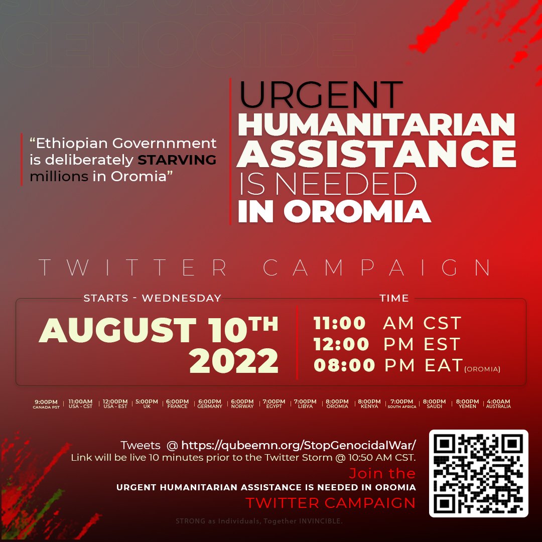 QubeeMN's tweet photo. GET INVOLVED📍
📢 Twitter Campaign
📢 Wednesday, August 10th, 2022.📍
📢 URGENT  Humanitarian Assistance Is NEEDED in OROMO❗

#AbiyMustGo #HumanRightsForOromo 
#StopOromoGenocide #WeSupportOLA 
#InvestigateAbiy #StopHRAbusesAgainstOromo 

Link: 👉🏿 https://t.co/2hJktqYvQW https://t.co/zfl4DGQWMT