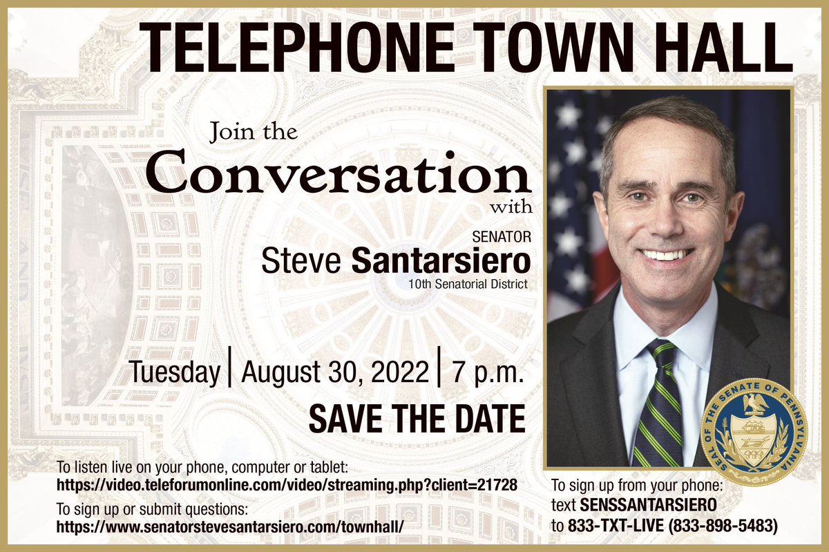 SenSantarsiero's tweet photo. Save the Date! On August 30th I'm hosting a telephone town hall. I hope you'll join the conversation. https://t.co/AgH2HVUuzp