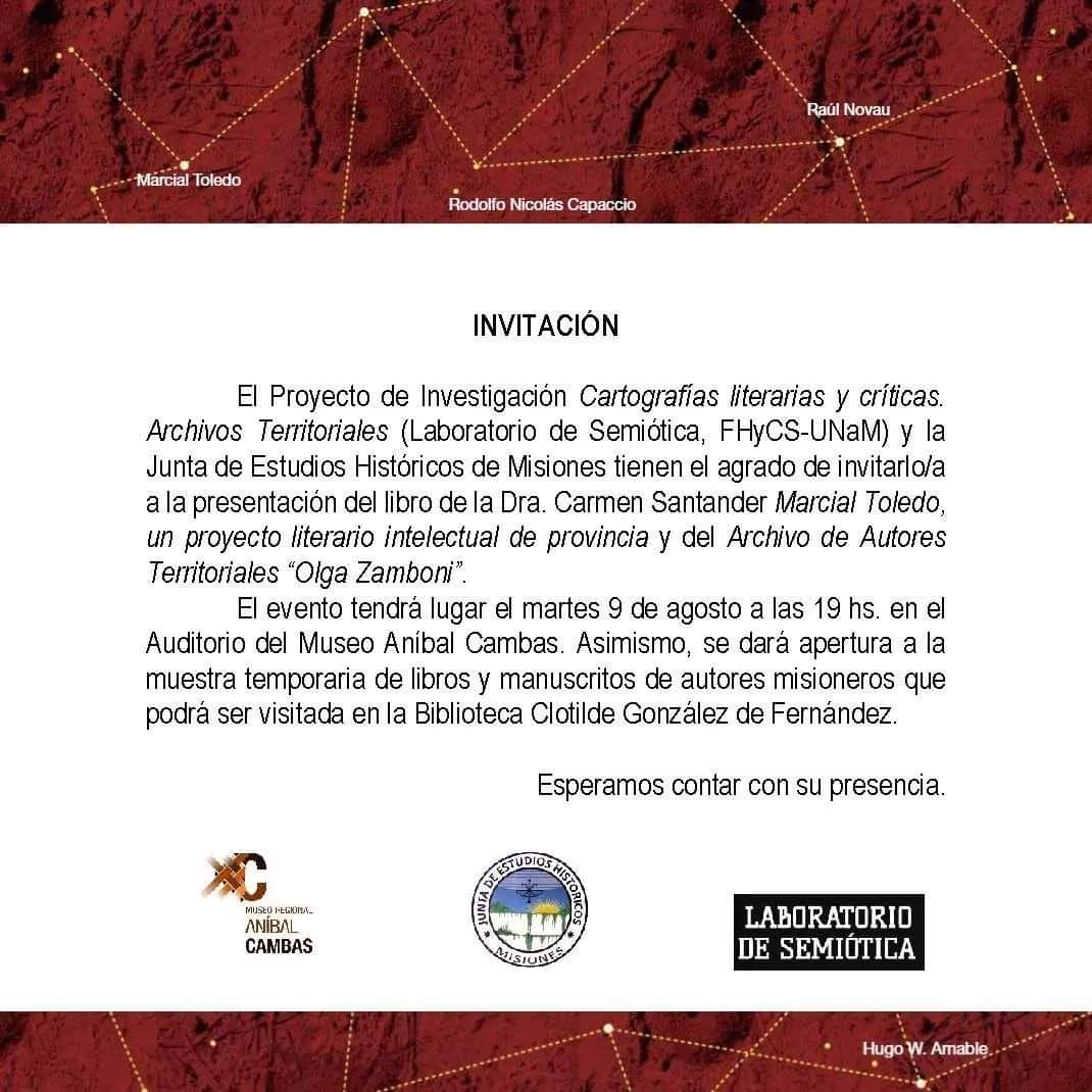 MuseoCambas's tweet photo. Presentación del libro de la Dra. Carmen Santander "Marcial Toledo, un proyecto literario intelectual de la provincia" y del Archivo de Autores Territoriales "Olga Zamboni".
19 hs. Museo Cambas

#MuseoCambas #AutoresTerritoriales  #CarmenSantander #JuntaEstudiosHistóricosMisiones https://t.co/K9f0QcQWQq