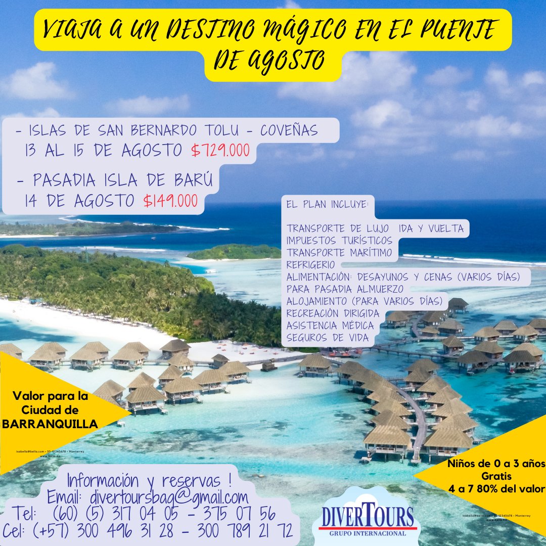 Divertoursltda's tweet photo. Disfruta el Puente Festivo de Agosto con nuestros F A N T Á S T I C O S destinos: 😍☀️🕶🏖
¡Viajar es Vivir! 😊
✅ Publicidad Válida para BARRANQUILLA - CARTAGENA - SANTA MARTA - MEDELLÍN ✅ https://t.co/D87Fl3YkdP