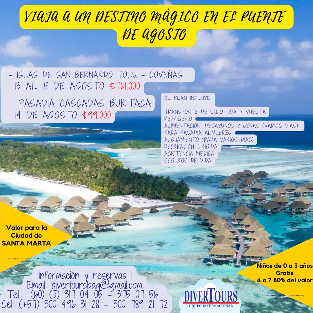 Divertoursltda's tweet photo. Disfruta el Puente Festivo de Agosto con nuestros F A N T Á S T I C O S destinos: 😍☀️🕶🏖
¡Viajar es Vivir! 😊
✅ Publicidad Válida para BARRANQUILLA - CARTAGENA - SANTA MARTA - MEDELLÍN ✅ https://t.co/D87Fl3YkdP