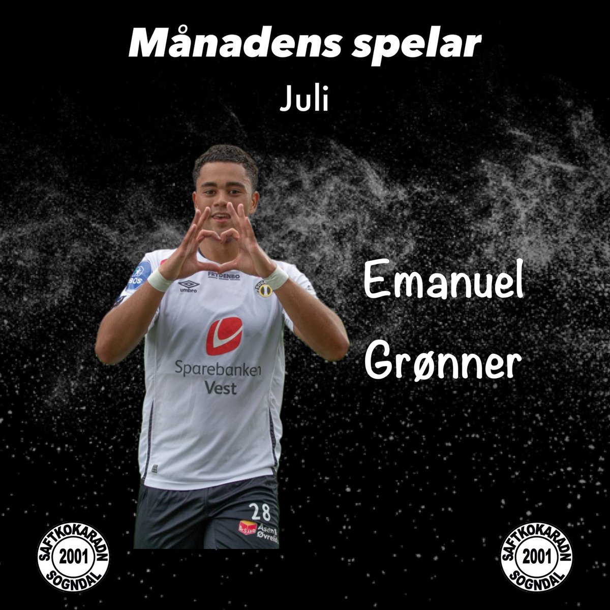sogndalfotball's tweet photo. Gratulera til Emanuel Grønner som månadens spelar for juli stemt fram av @saftkokaradn1 🫶🏼 6 mål og ein målgjevande pasning er sterkt🙌🏼 https://t.co/roCwaLBVAS