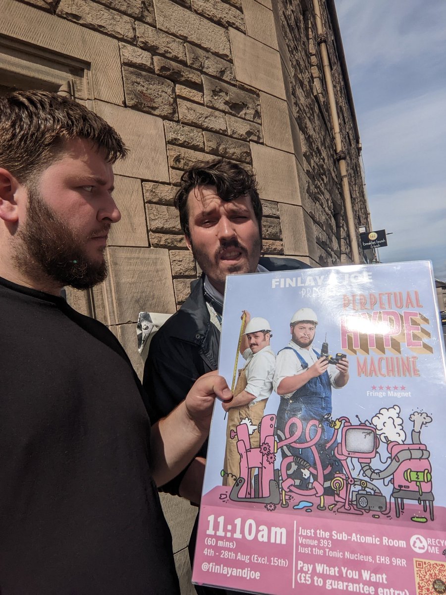 finlayandjoe's tweet photo. Finlay and Joe's Fringe Blog Day 12 (ie yesterday because we forgot to post it): More and more people keep turning up to see our profoundly silly show Perpetual Hype Machine and we're very grateful. Keep spreading the word so we can share it with as many people as possible ✨ https://t.co/eYonawEDPP