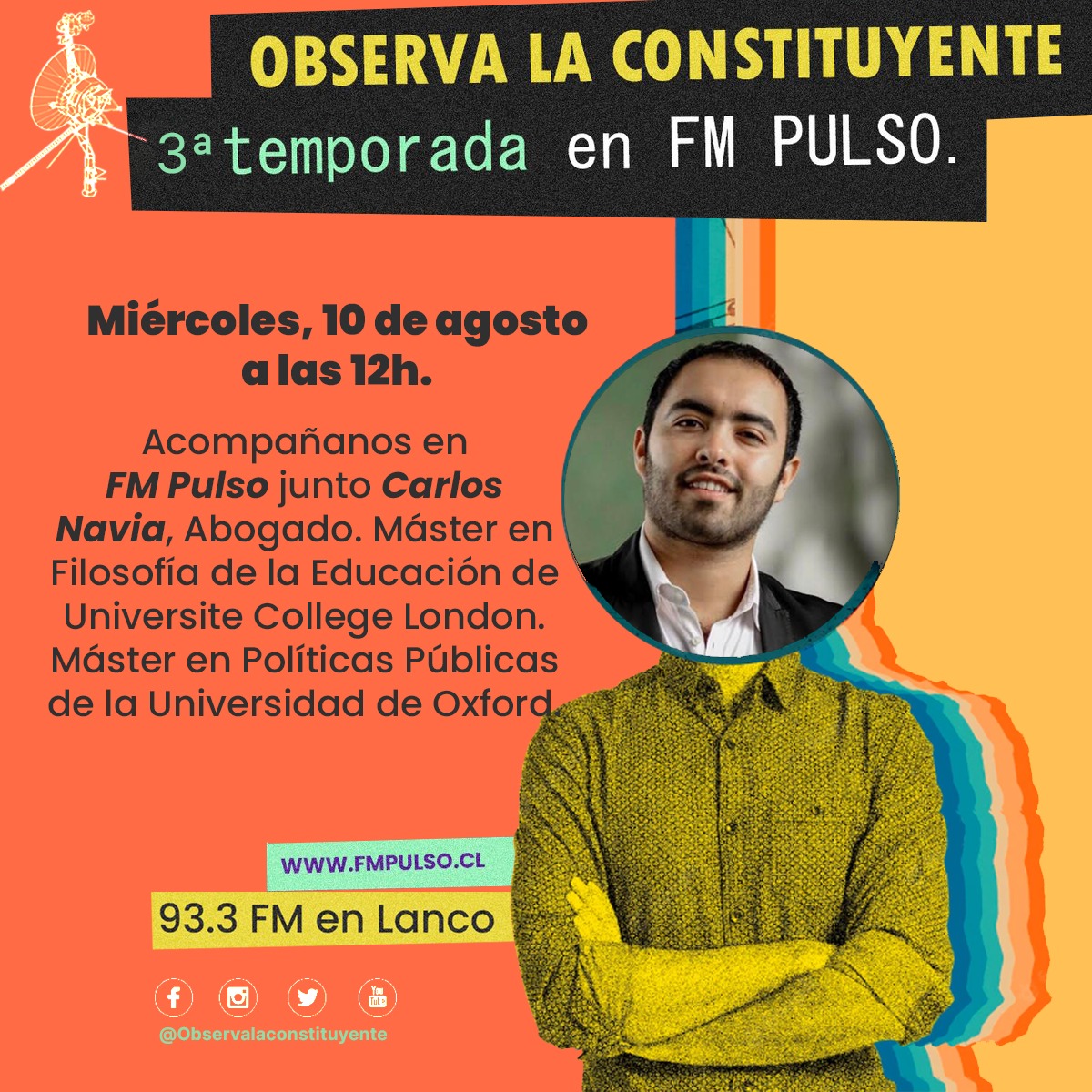 Porque la EDUCACIÓN es una de las prioridades públicas estaremos junto al destacado abogado CARLOS NAVIA analizando esta disposición en la Nueva Constitución. No faltes! te esperamos siempre por fmpulso.cl #Valdiviacl #ObservaLosRios infórmate, reflexiona y vota😎