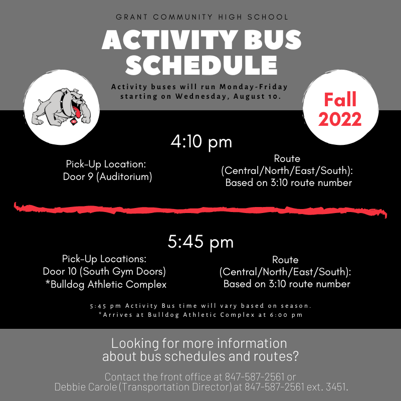 Beginning tomorrow, the after-school activity buses will be running at 4:10 PM &amp; 5:45 PM. If you are participating in an after-school activity, save this schedule as a reminder of when &amp; where your ride home will be.