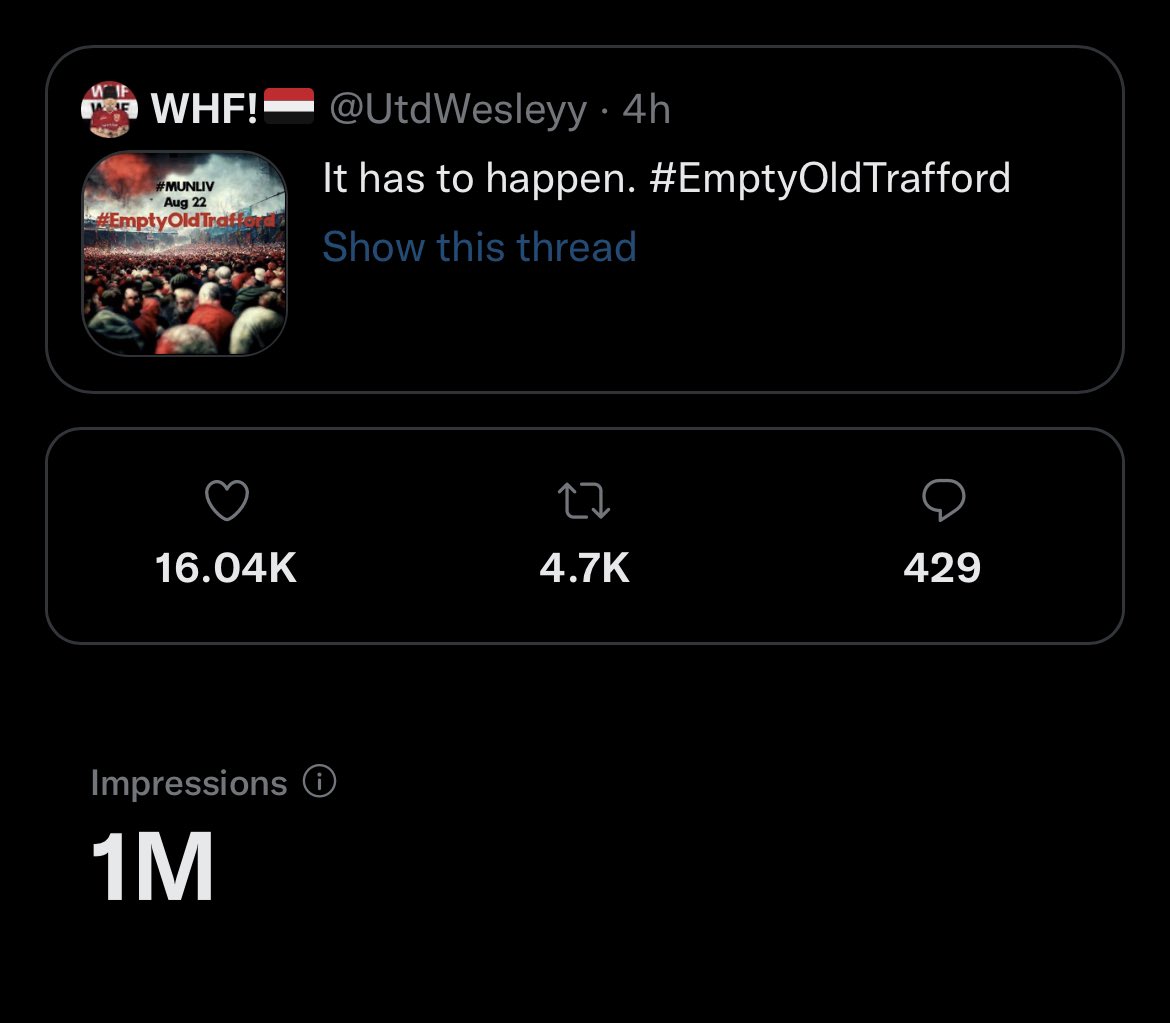 WHF!๐พ๐ช (@UtdWesleyy) on Twitter photo 2022-08-09 16:03:07 Keep retweeting and getting the message out there. 1 million impressions in 4 hours.๐ฐ๐๐ป #EmptyOldTrafford #GlazersOut Keep retweeting and getting the message out there. 1 million impressions in 4 hours.๐ฐ๐๐ป #EmptyOldTrafford #GlazersOut