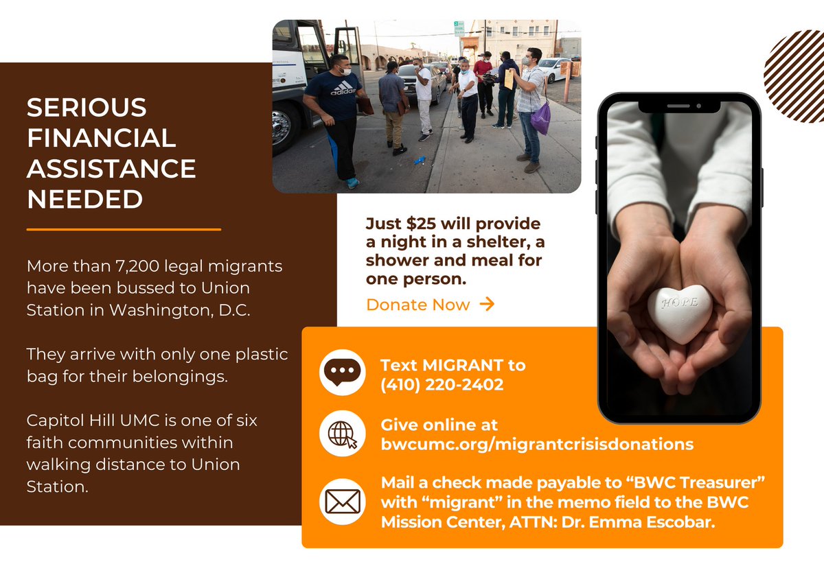 bwcumc's tweet photo. More than 7,200 legal migrants have been bussed to Union Station in Washington, D.C. They arrive with only one plastic bag for their belongings. 
Just $25 will provide a night in a shelter, a shower and meal for one person.
Learn more / take action: https://t.co/8qlOBGsLMg https://t.co/npvYgcdY6v