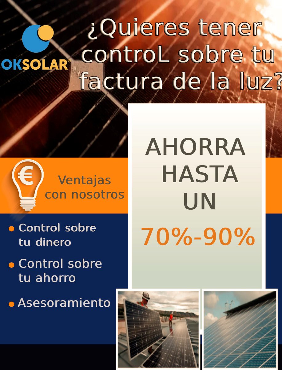 OKSolarES's tweet photo. Haz un cambio en tu ahorro! Únete a #oksolar Nosotros te asesoramos para resolver todas tus dudas.  #GreenEnergy #renovables #fotovoltaicas #AhorroEnergético #Espana #medioambiente #Energia #solarpower #sostenibilidad #solarpanels #SOL #solar #energiasrenovables  #autoconsumo https://t.co/OSKQJPpXhj