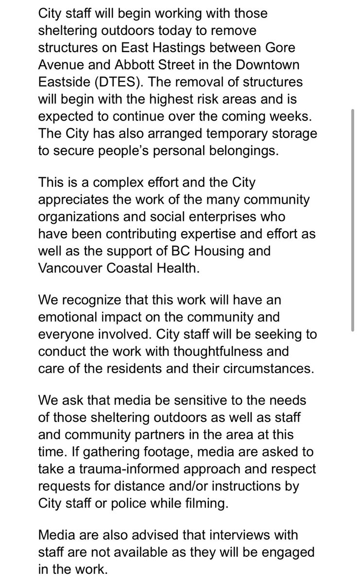 City of Vancouver to begin removing tents from Hastings Street today, per fire chief’s July 25 order. City statement says crews will begin with “highest risk areas.”