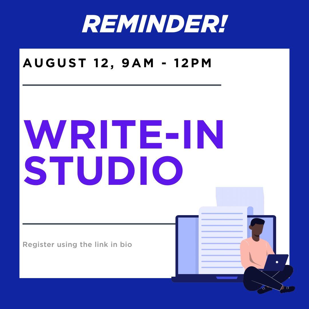 CguCwr's tweet photo. Reminder! Attend the CWR's Write-In Studio on August 12th from 9am - 12pm!⁠

Show up with a project or deadline and the CWR consultant will help you navigate 2 focused hours of work &amp; scheduled breaks. We look forward to guiding motivated work blocks.
⁠
#cgucwr #writing #write https://t.co/bMZAd2nNaF