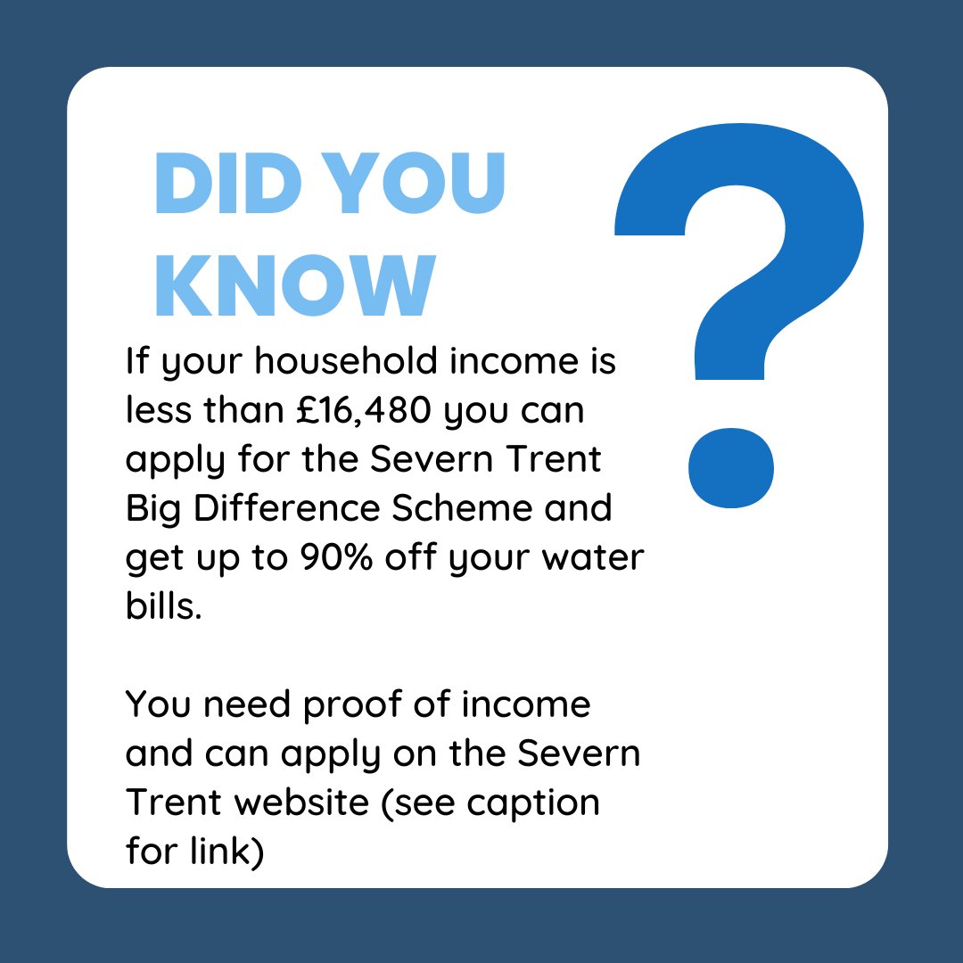 Are you a Severn Trent water customer? Do you have a household income of less than £16480 per year? Get your proof of income and head to shorturl.at/hNQ35 to apply for the Big Difference Scheme to save some money. #moneysavingtips #bigdifferencescheme #waterbills