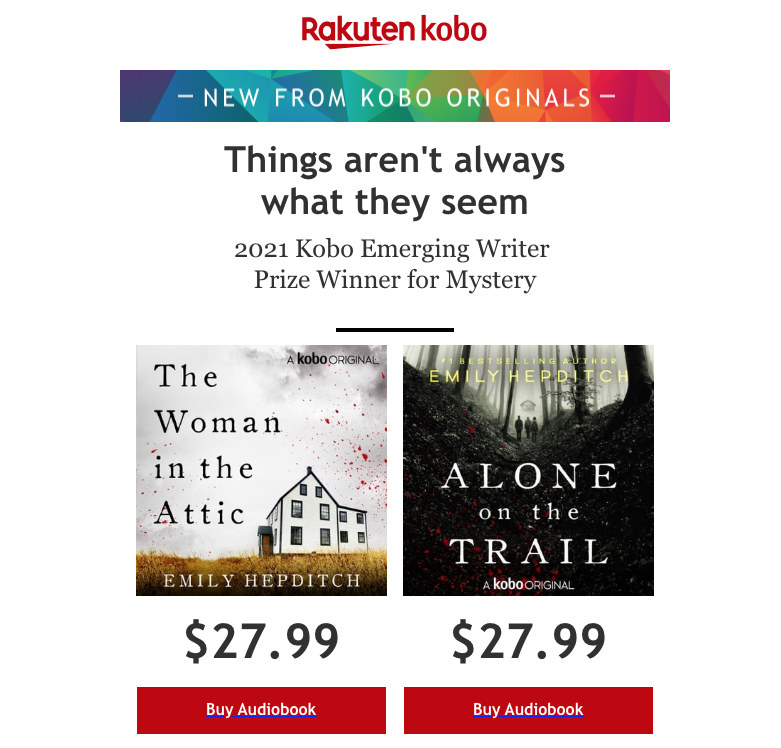 FlankerPress's tweet photo. If you're on the mailing list for Rakuten Kobo, then you may have seen two familiar audiobooks in their latest email on what's new and hot in the world of Kobo Originals, including @emilyhepditch's  smash hit debut The Woman in the Attic, and her 2nd book, Alone on the Trail. https://t.co/id59YC0MHE