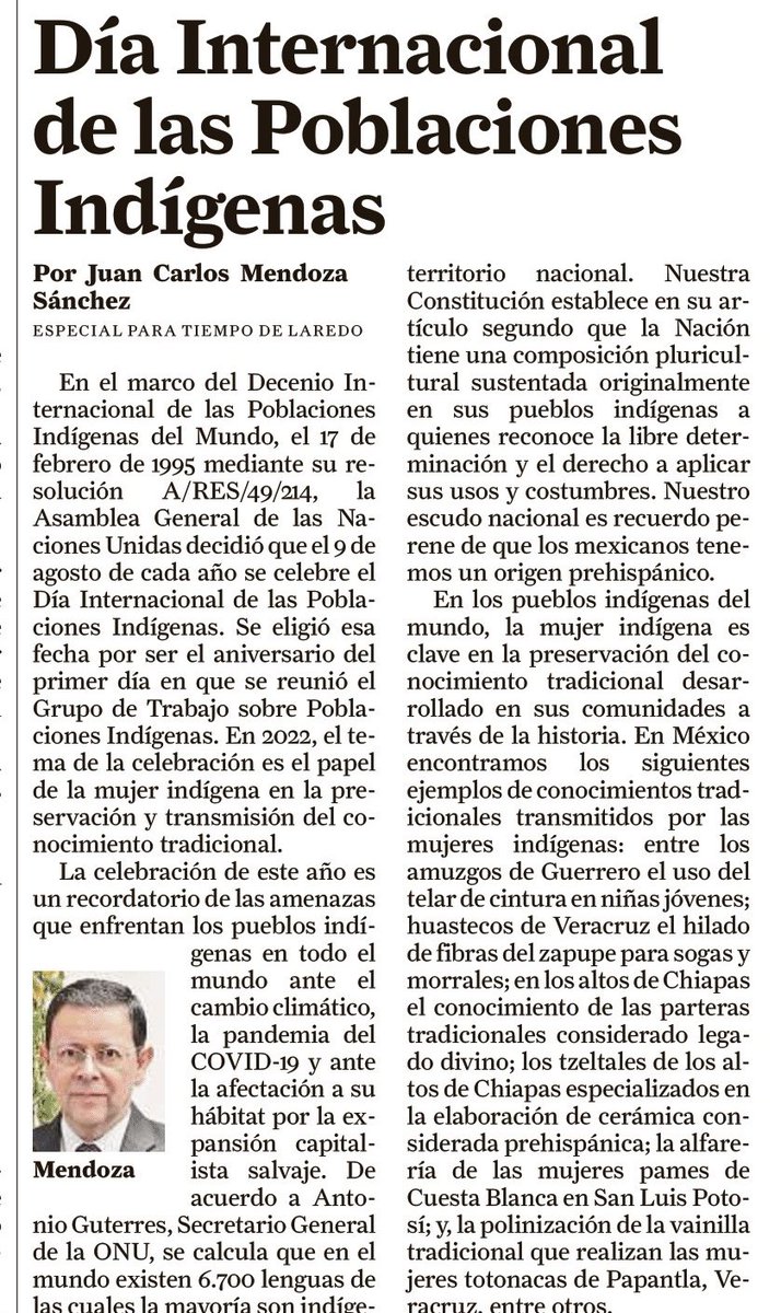 Consulmex Laredo (@consulmexlaredo) on Twitter photo 📰 Te invitamos a leer el artículo del Cónsul General <a href="/jcmendoza2011/">Juan Carlos Mendoza</a>, “Día Internacional de las Poblaciones Indígenas” publicado en <a href="/lmtnews/">Laredo Morning Times</a>.
👉🏽 bit.ly/PoblacionesInd… 📰 Te invitamos a leer el artículo del Cónsul General <a href="/jcmendoza2011/">Juan Carlos Mendoza</a>, “Día Internacional de las Poblaciones Indígenas” publicado en <a href="/lmtnews/">Laredo Morning Times</a>.
👉🏽 bit.ly/PoblacionesInd…