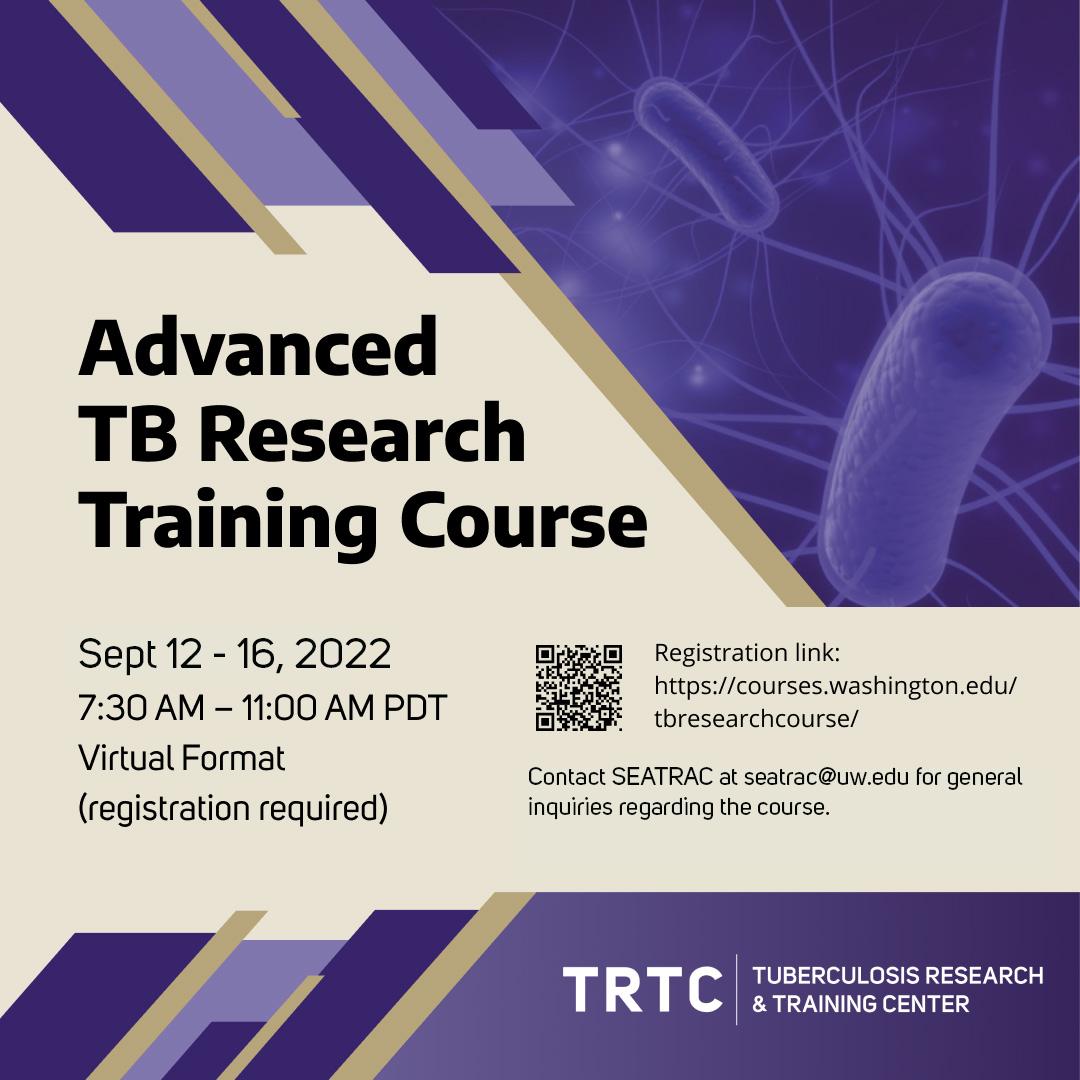 Please join us for our annual UW Advanced TB Research Training Course, Sept 12-16! Registration is required (please contact kkoon1@uw.edu if you are from a LMIC to obtain a tuition waiver): courses.washington.edu/tbresearchcour… @CDC_TB @GlobalWACh