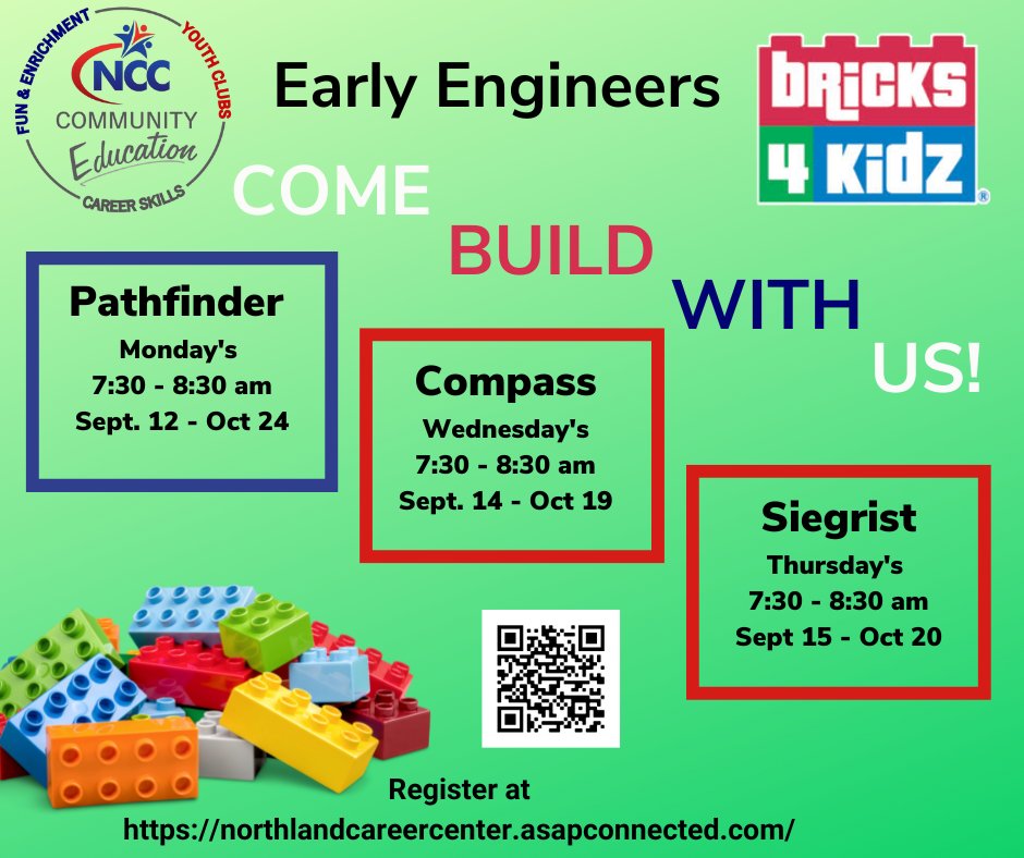 communityedNCC's tweet photo. Enrollment is open for the Bricks4Kidz program at all 3 elementary schools.
Visit us at https://t.co/tRp6lYUwM3 for more information and to enroll.
#bricks4kidz #letslearnmore #communityeducation #learnsomethingnew https://t.co/nxztfpT0QG