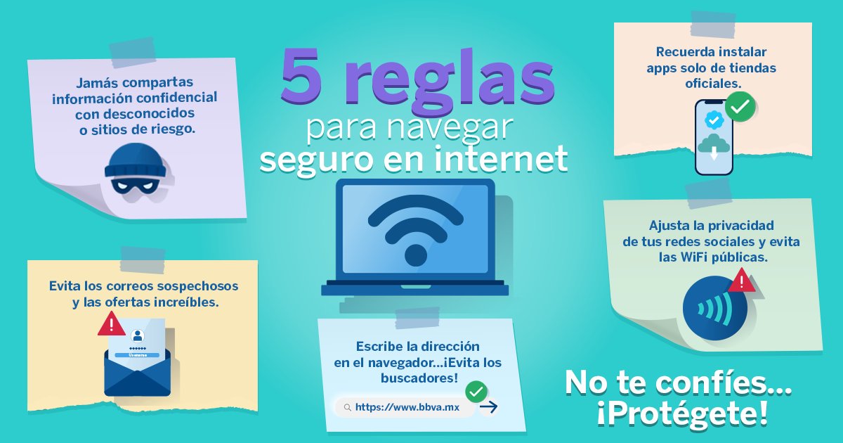 BBVA_Mex's tweet photo. Protégete de los ciberdelincuentes, al navegar por internet, siguiendo estas reglas. 👩🏻‍💻🔐 https://t.co/VD8esOk15s