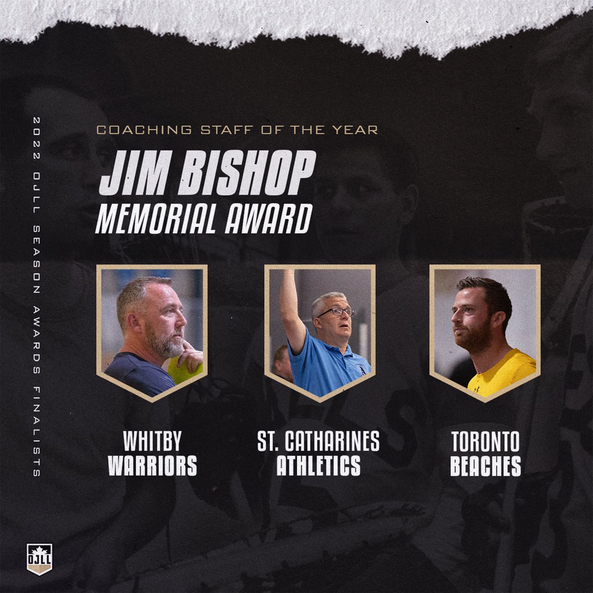 TheOJLL's tweet photo. The finalists for the Jim Bishop Memorial Award, presented annually to the Coaching Staff of the Year:

🥍 @Whitby_Warriors 
🥍 @StCatharinesJrA 
🥍 @BeachesJrA 

#OJLLAwards will be presented during @TheMintoCup August 22-29, 2022. https://t.co/qMxcy6Ed5A