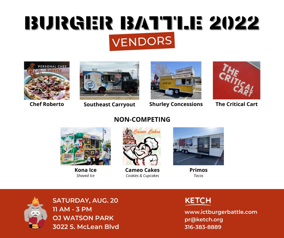 KETCHInc's tweet photo. "Meat" the 2022 @ICTBurgerBattle food trucks!
Join us for a burger competition on Saturday,
August 20 from 11am - 3pm at OJ Watson Park. Tickets
are available at https://t.co/eXaFlvkkd0.

#ict #burgerbattle #wichita #nonprofit #foodtruck #food https://t.co/DCVEwQiQLJ