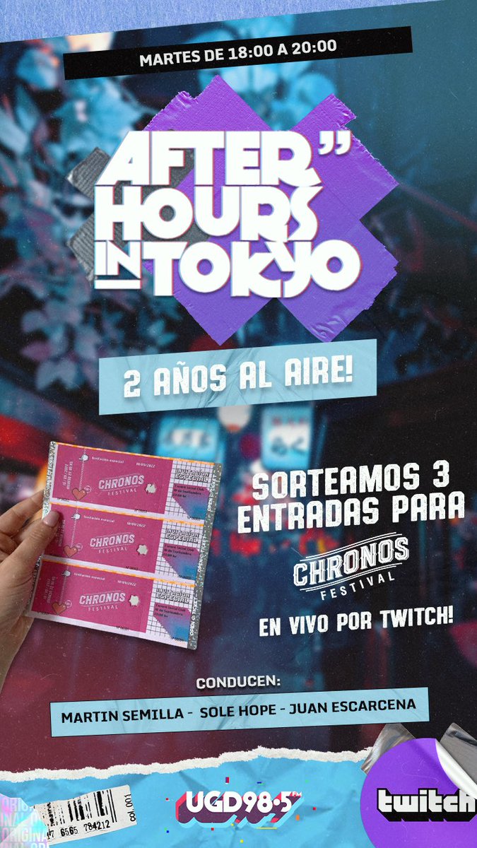 Festejamos los 2 años de “After Hours in Tokyo”, y sorteamos 3 entradas a la <a href="/chronos_oficial/">la chronos</a> 🔥⌛️Participa en el vivo de twitch! twitch.tv/ugdradio 
<a href="/martinsemilla/">Martín Semilla</a> 🙌🏻