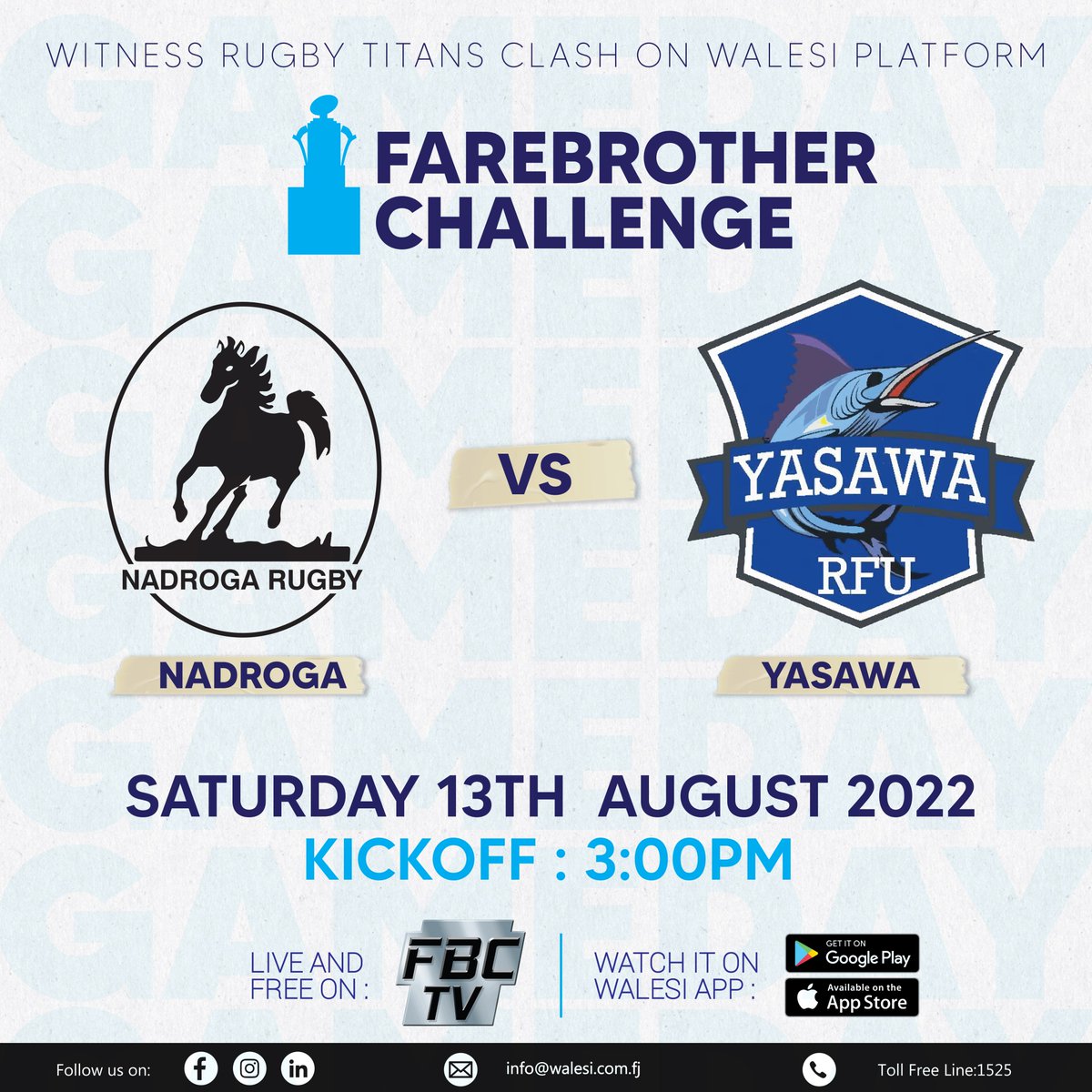 WalesiF's tweet photo. The winner of the Farebrother Sullivan Trophy will be crowned this Saturday. 🏆💥🤩

Don't miss the final battle between Nadroga and Yasawa as it will air LIVE &amp; FREE via our #Walesi Platform. 

#WalesiFiji #FreeChannels #Fiji #DigitalTV #inkkfarebrother https://t.co/f3LRgSjQ68