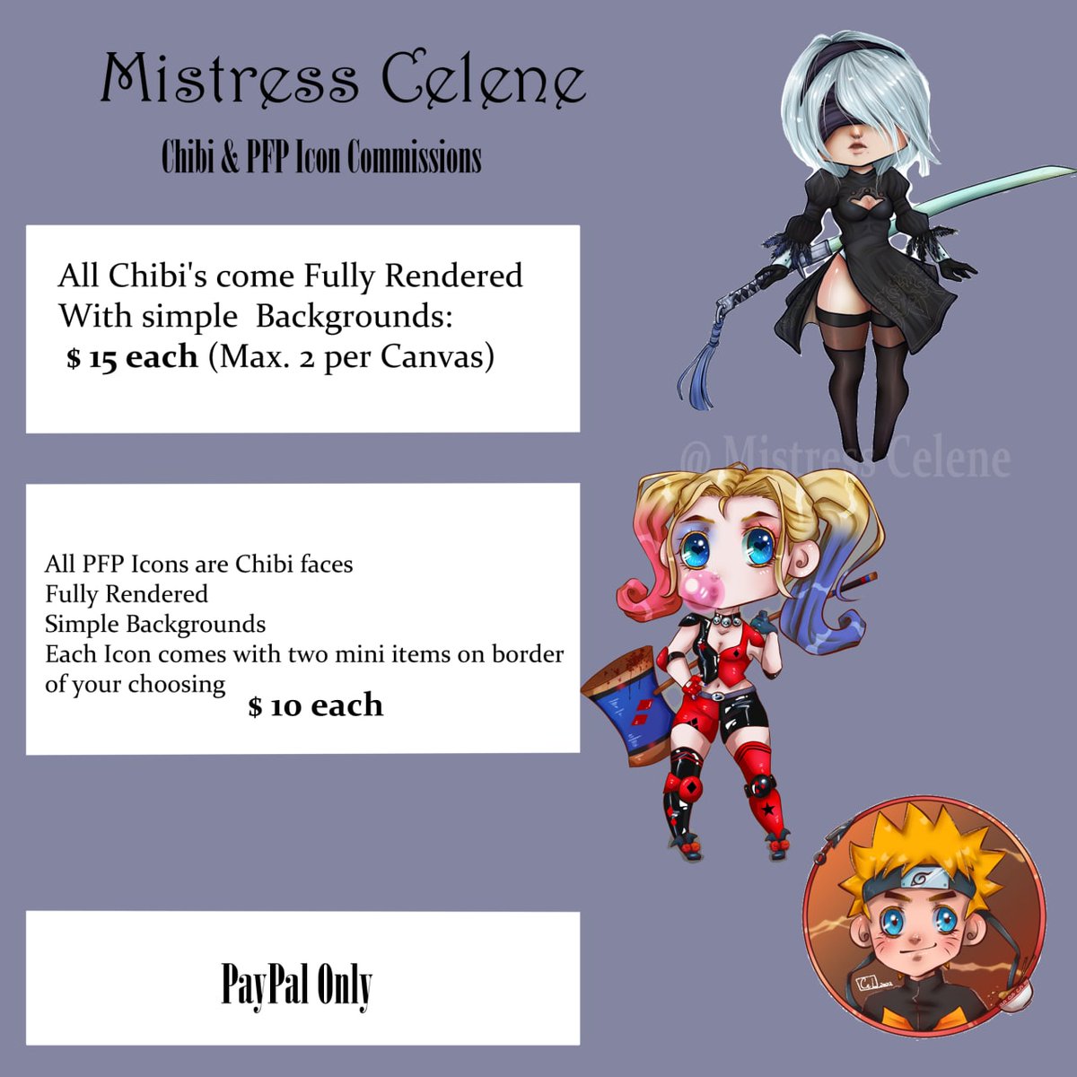 MistressCelene's tweet photo. Commission sheet for my chibi and pfp icons. Please message for inquiries.

#commissionsopen #CommissionSheet #artwork #digitalart #chibi #cute https://t.co/g8YNrdmJSq