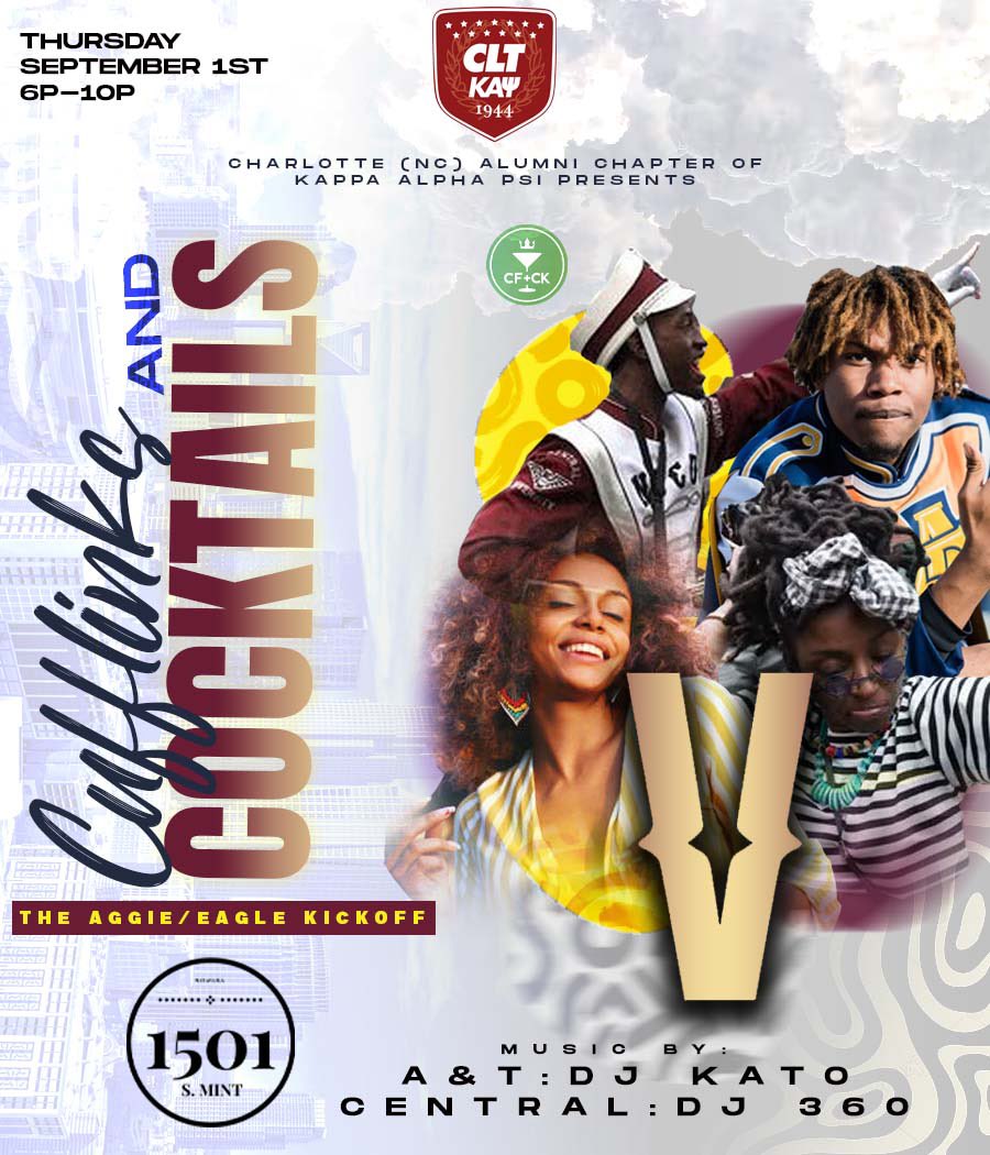 Your Favorite Cocktail Social Is Back!

This Cufflinks, however, is a special one as we kick off the weekend for the Duke’s Mayo Classic (Aggie/Eagle Weekend)

📆Thursday,  Sept 1
📍1501 S. Mint 
 ⏰6pm-10pm

🔊A&amp;T’s Own <a href="/katobeats/">Ifeanyi Ibeto</a> 
🔊NCCU’s Own <a href="/dj360qc/">DJ360QC</a>

Do not miss this event!