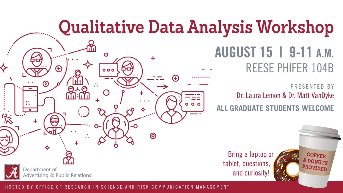 Dr. Laura L. Lemon (@laloulem) on Twitter photo Join <a href="/msvandyke/">Matthew S. VanDyke</a> and me for our Qualitative Data Analysis Workshop on Monday, Aug. 15 @ 9am. Come chat all things qual and learn about the Office of Research in Science & Risk Comm Management! Donuts and coffee provide by <a href="/BamaAPR/">UA Advertising and Public Relations</a> Join <a href="/msvandyke/">Matthew S. VanDyke</a> and me for our Qualitative Data Analysis Workshop on Monday, Aug. 15 @ 9am. Come chat all things qual and learn about the Office of Research in Science & Risk Comm Management! Donuts and coffee provide by <a href="/BamaAPR/">UA Advertising and Public Relations</a>