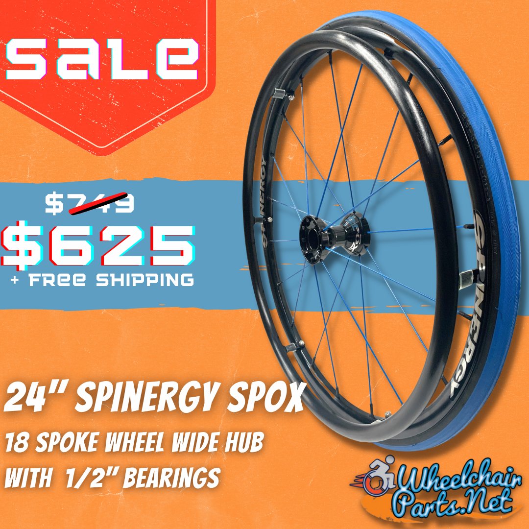 🚨 Sale Alert! Sale Alert! 🚨 Today we bring you a great sale on 24" Spinergy Spox, 18 blue-spoke wheel, wide hub &amp; 1/2" bearings sold as a pair! 

👀 Want to see this product and see more on sale items? Check out the link here: tinyurl.com/WCPSpinergyBlu…
#wheelchairparts #Spinergy