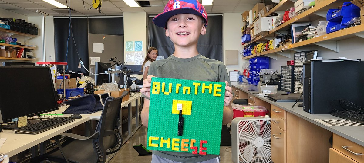 8 year old son coins the term "burn the cheese" for cleaning solder off iron with yellow sponge: LEGO sign complete