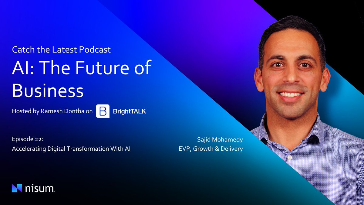 Did you miss the latest podcast from AI: The Future of Business with Nisum's EVP, Sajid Mohamedy? Watch the episode, and learn how to leverage the power of AI in your business's digital transformation strategy. bit.ly/3df8sL8