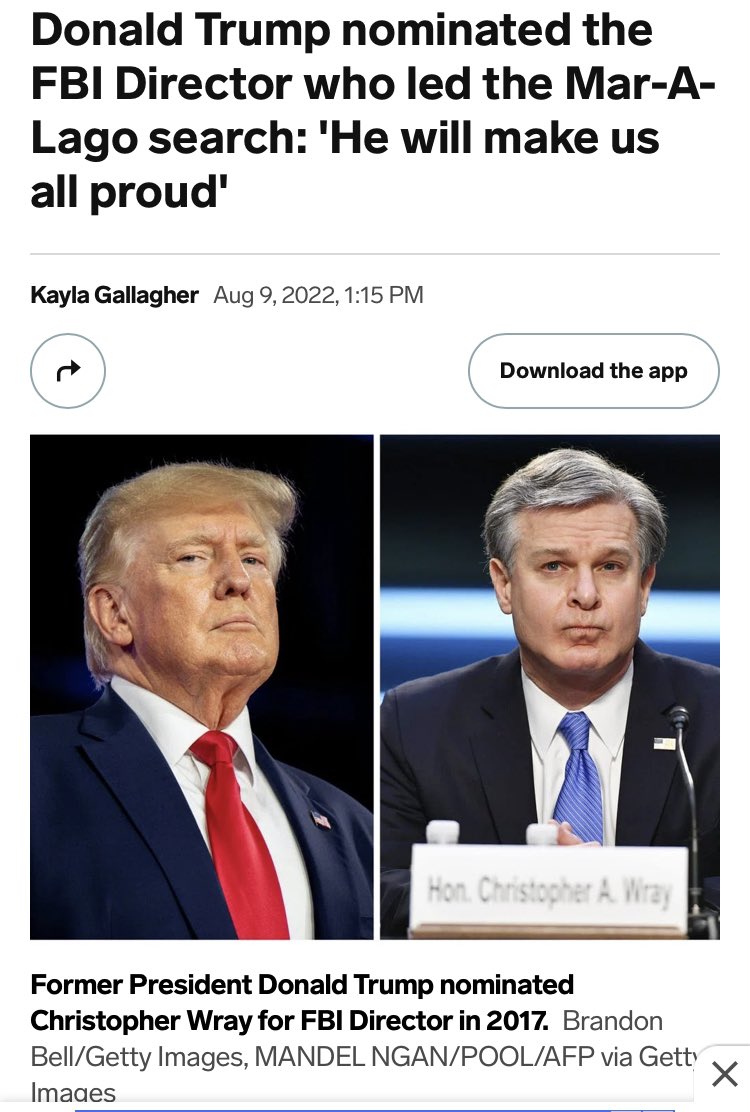 Mrs_Cldh's tweet photo. What are the chances in this? The former President of the United States appoints the FBI director that orchestrates the raid that will take #Trump down. 😂🤣🤣🤣😂🤣#MAGAmeltdown #FBI #FBIRaidsMarALago #MarALagoRaided https://t.co/vff8iN28IV