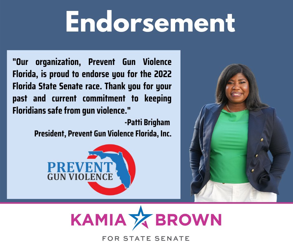 This endorsement is very special to me and I'm honored to receive it. Prevent Gun Violence Florida advocates for responsible gun safety legislation which is what I will continue to work for as your District 15 Senator.

#kamiaforsenate #gunsafety