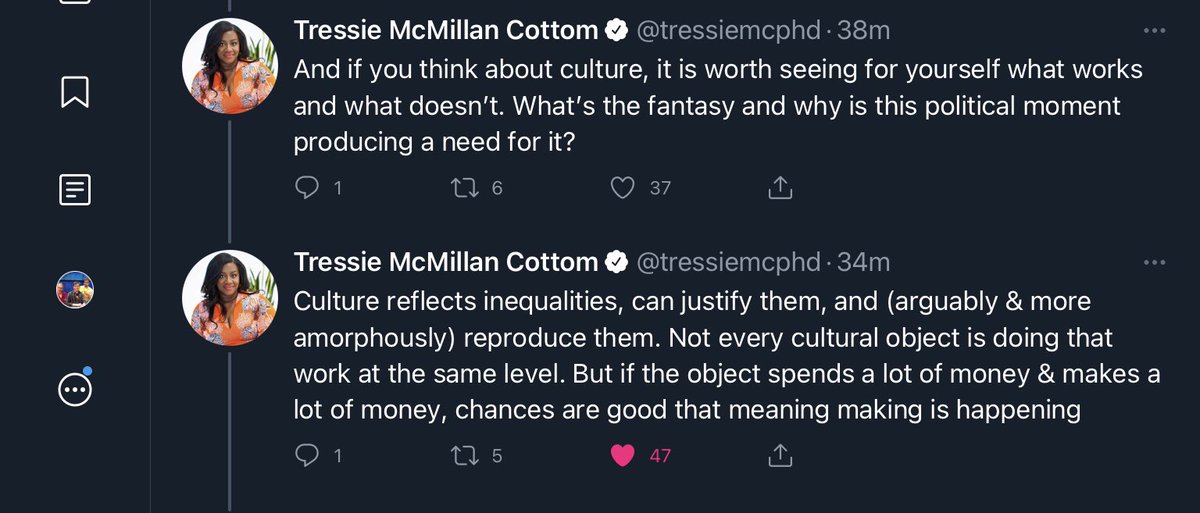 DrCowart's tweet photo. When I say “public-facing” sociology, this is partly what I mean. In addition to engaging with folks about her ‘Yellowstone’ discussion, @tressiemcphd also offers a lot of sociological insight in very incisive doses. 10/10 would recommend. https://t.co/TCaJ5g1s9c