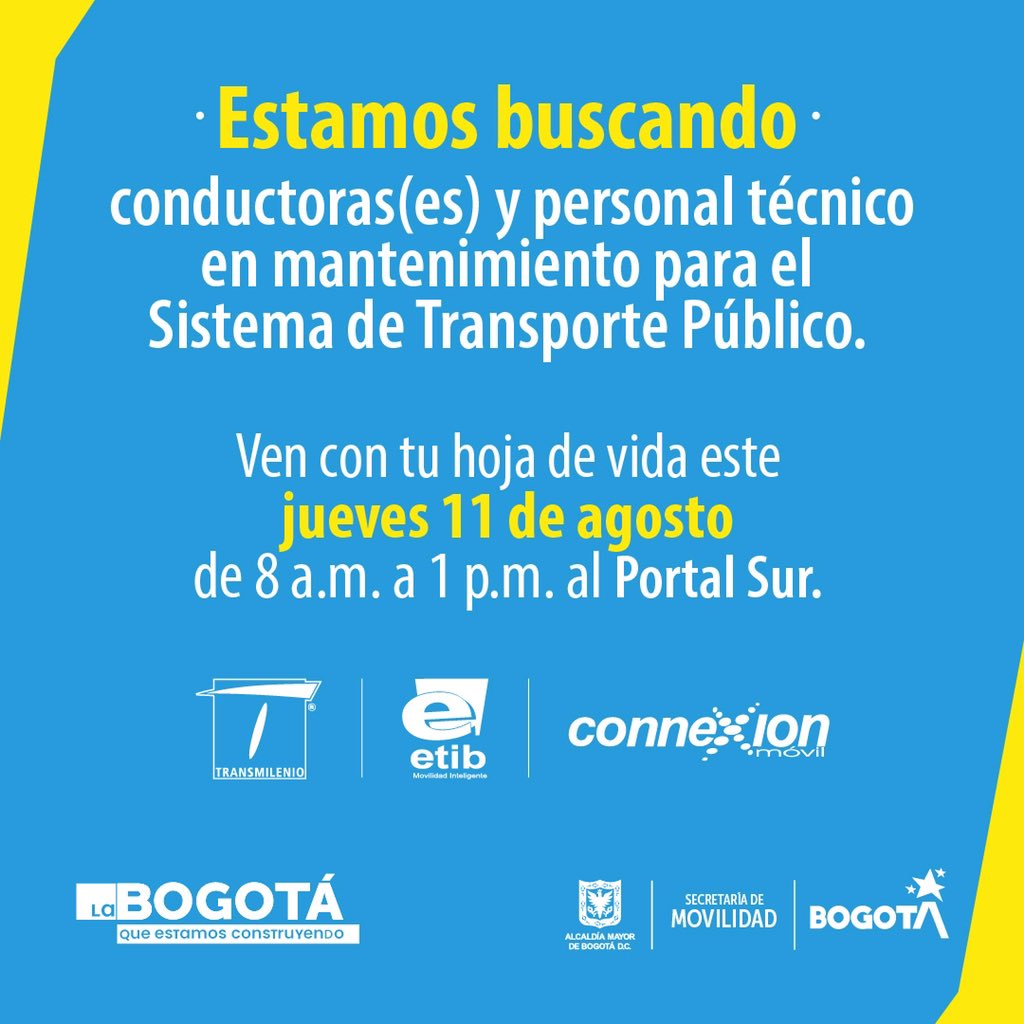 Prepara la hoja de vida y preséntate a esta feria de empleo con TransMilenio. Te esperamos en 📍#PortalSur #trabajosihay #TrabajaenTrasMi