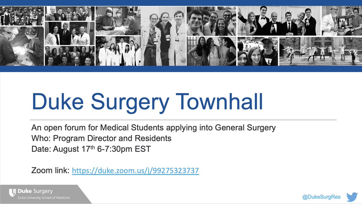 Duke General Surgery Residency (@dukesurgres) on Twitter photo Calling all #GenSurgMatch2023 📣 Join us at our Town Hall next Wednesday, August 17th to hear more about training <a href="/DukeSurgery/">Duke Surgery</a>! Details ⬇️ #SurgEd #CityofSurgery #SabistonSquad #SutureFuture <a href="/LisaTracyMD/">Lisa Tracy</a> <a href="/JMigaly/">John Migaly</a> Calling all #GenSurgMatch2023 📣 Join us at our Town Hall next Wednesday, August 17th to hear more about training <a href="/DukeSurgery/">Duke Surgery</a>! Details ⬇️ #SurgEd #CityofSurgery #SabistonSquad #SutureFuture <a href="/LisaTracyMD/">Lisa Tracy</a> <a href="/JMigaly/">John Migaly</a>